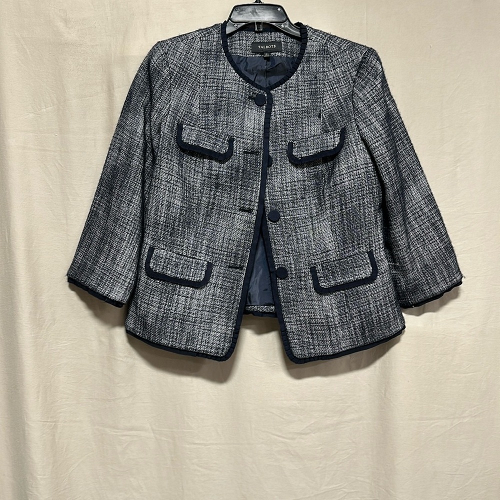 Talbots Tweed Jacket Womens‎ 10 Navy Blue White 9% Wool Lined 3/4 Sleeves Jacket